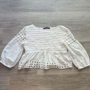 Sfera White Eyelet Lace Smocked Peplum Top, Boho Balloon Sleeve - Size S